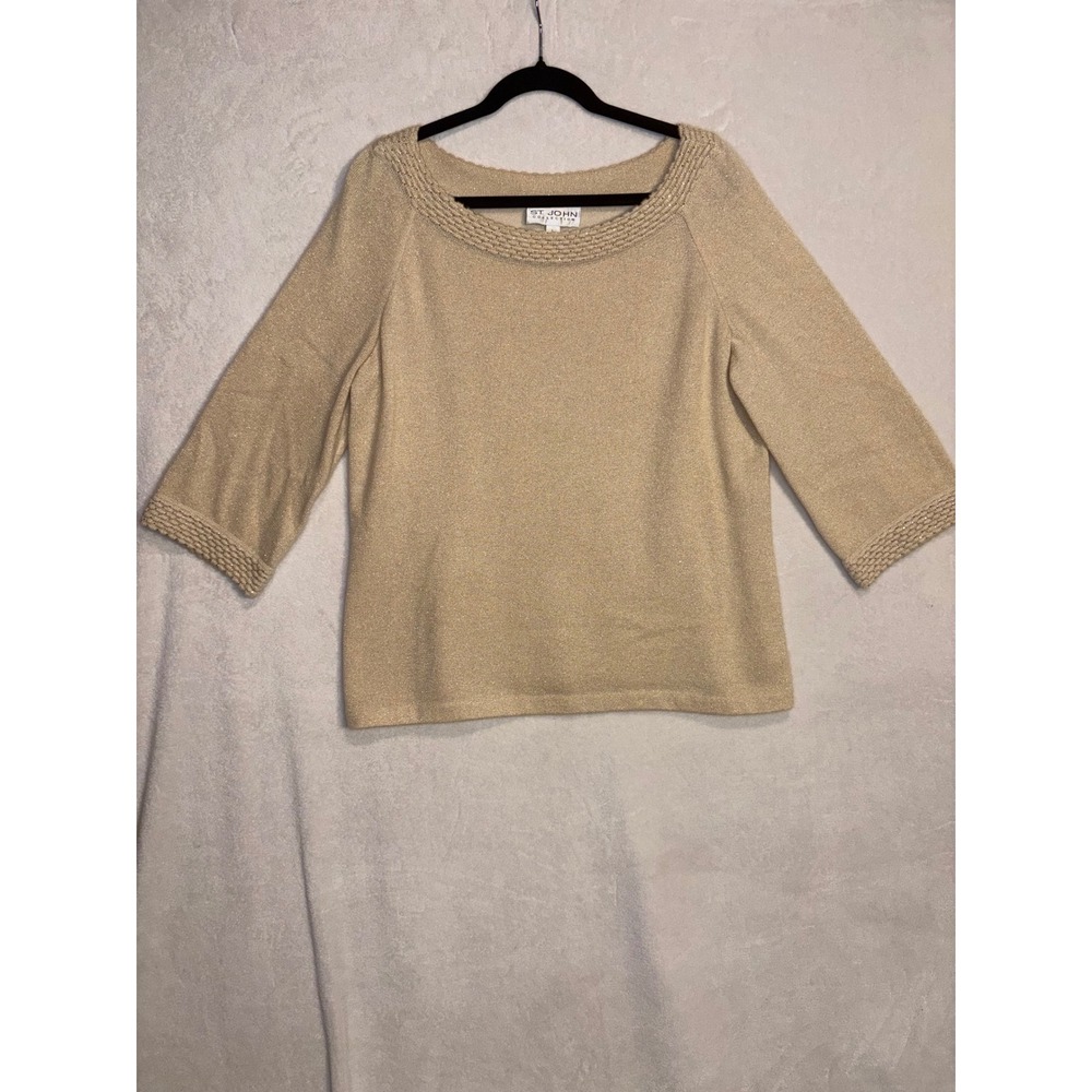St John Collection Gold Metallic Cashmere Blend Knit Sweater Scoop Neck Large